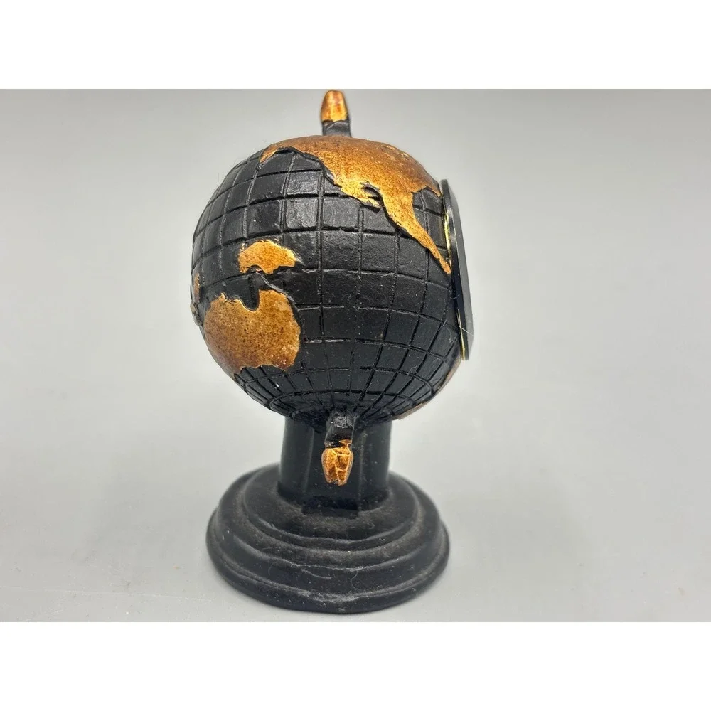 Miniature Globe Desk Clock Black Gold Quartz Movement Small Office Decor 3 Inch